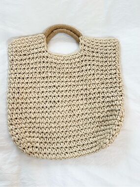 Mark & Graham Woven Straw Tote Bag Round Handle Natural Raffia Beach Boho